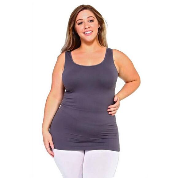 Yelete Sleeveless Seamless Tank Top Plus Size Grey Shark Double Scoop Basic - Picture 1 of 5